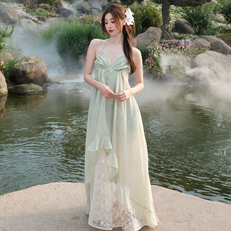 Vintage Lace Patchwork V-Neck Cami Dress 2024 Summer