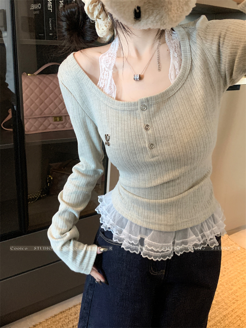Women’s Lace Spliced Long Sleeve T-Shirt Slim Fit Pullover Top