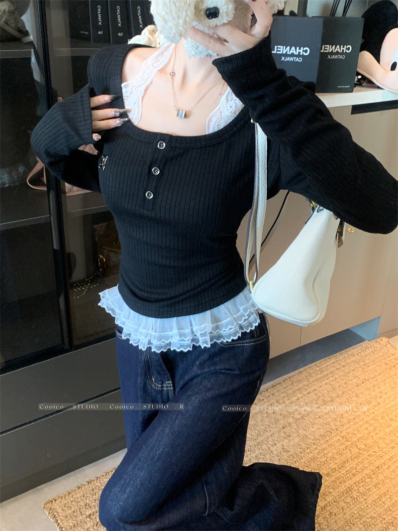 Women’s Lace Spliced Long Sleeve T-Shirt Slim Fit Pullover Top