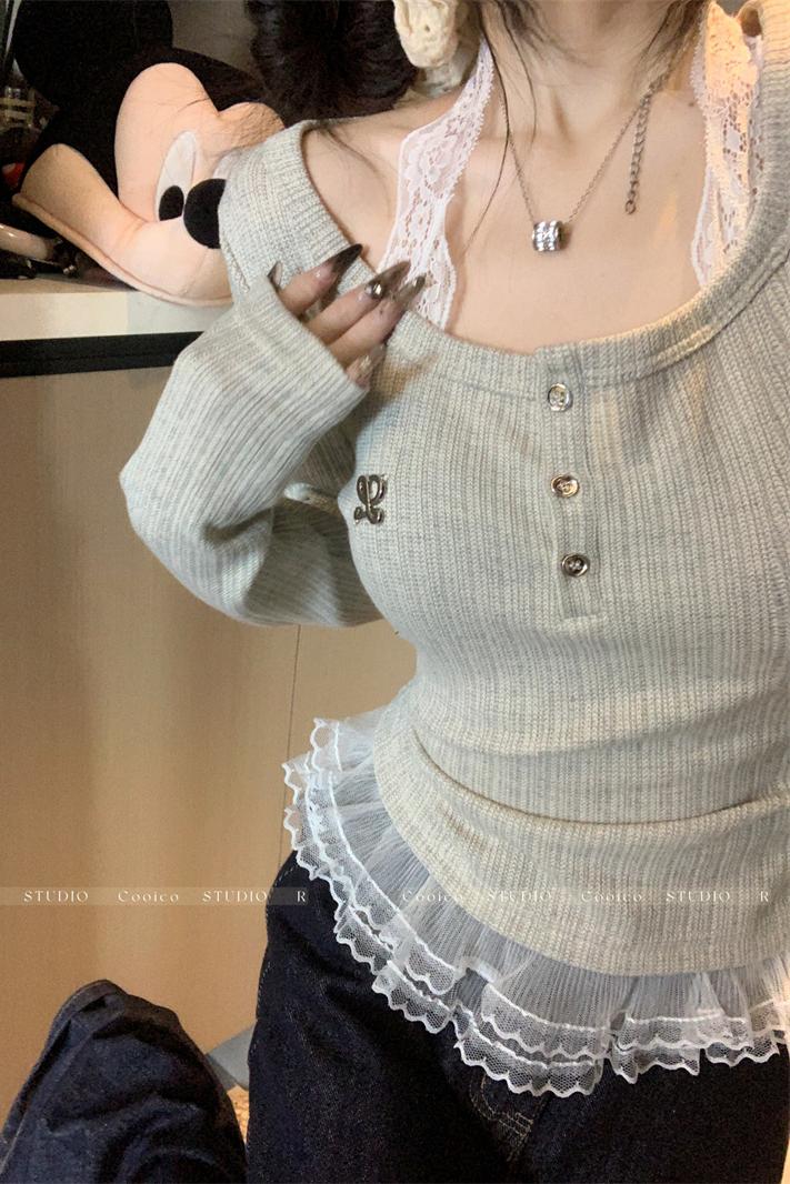 Women's Lace Spliced Long Sleeve T-Shirt Slim Fit Pullover Top - Image 5