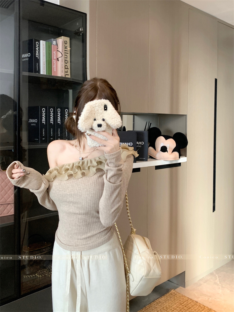 Women’s One-Shoulder Ruffle Knit Top Cotton Long Sleeve Slim Fit