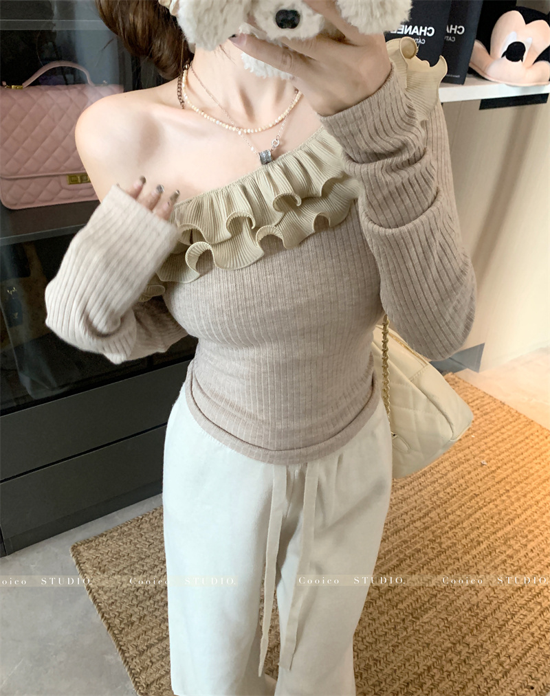 Women's One-Shoulder Ruffle Knit Top Cotton Long Sleeve Slim Fit - Image 3