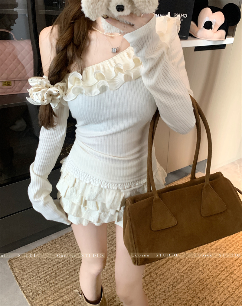 Women's One-Shoulder Ruffle Knit Top Cotton Long Sleeve Slim Fit - Image 4