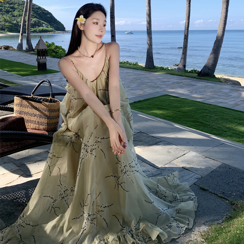 Elegant Chinese Style Ruffle Cami Dress for Vacation
