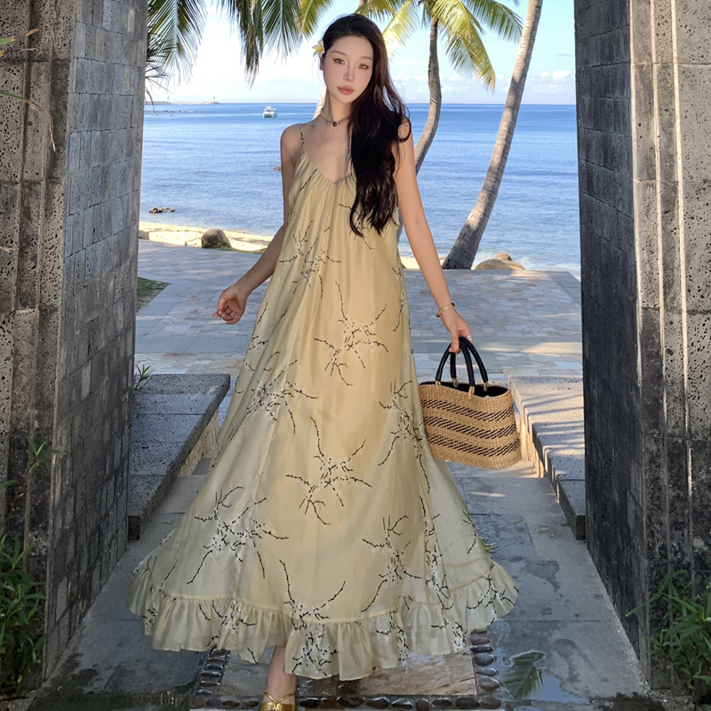Elegant Chinese Style Ruffle Cami Dress for Vacation