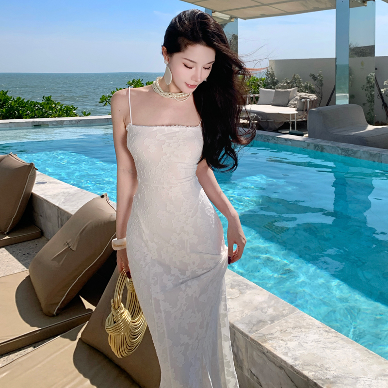 Elegant Waist-Cinched Evening Dress Ivory White Vacation Dress