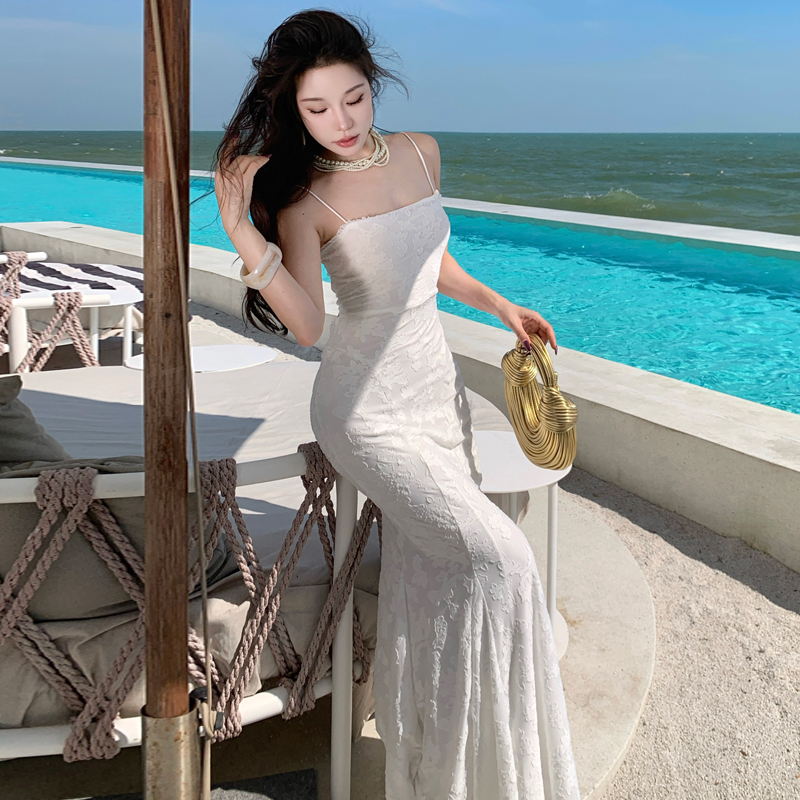 Elegant Waist-Cinched Evening Dress Ivory White Vacation Dress