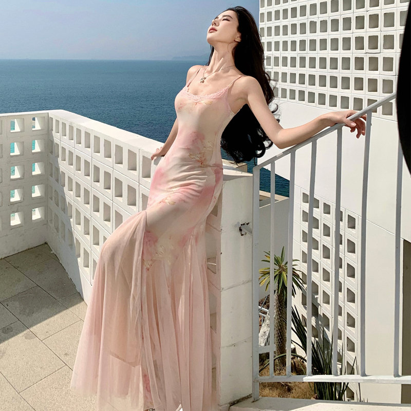 Holiday Floral Slim Cami Dress Elegant Slimming Mesh Long Dress