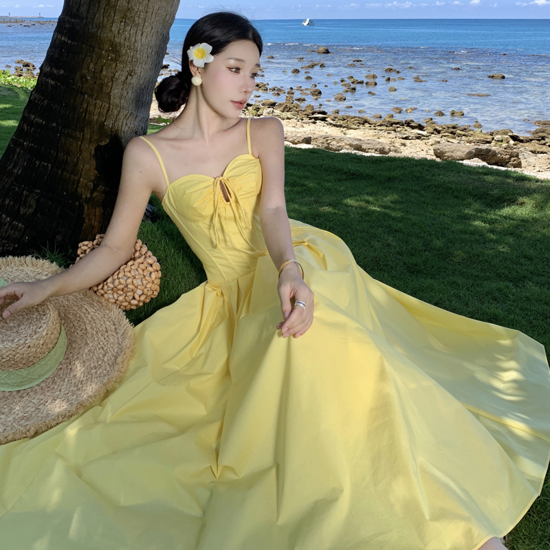 Belle Princess Strappy Maxi Dress Women Summer Tea Break French Style Waist Cinched Slimming A-Line Skirt