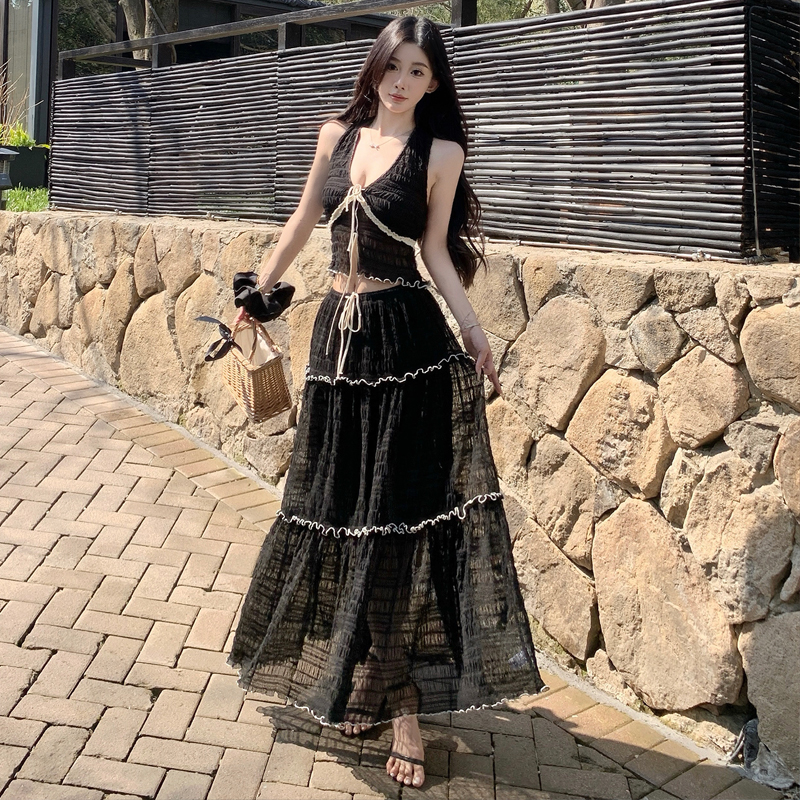 Black V-Neck Halter Cami Mesh Color Block Vacation Skirt Set - Image 4