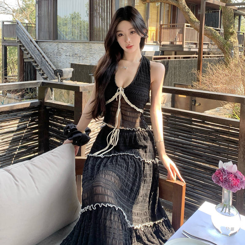 Black V-Neck Halter Cami Mesh Color Block Vacation Skirt Set - Image 5