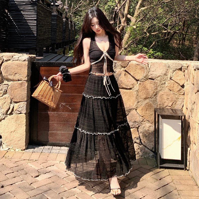 Black V-Neck Halter Cami Mesh Color Block Vacation Skirt Set