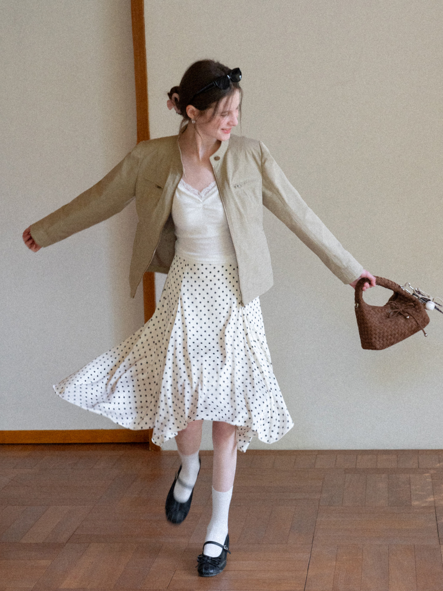 Retro Polka Dot A-Line Midi Skirt for Women High Waist Spring Casual