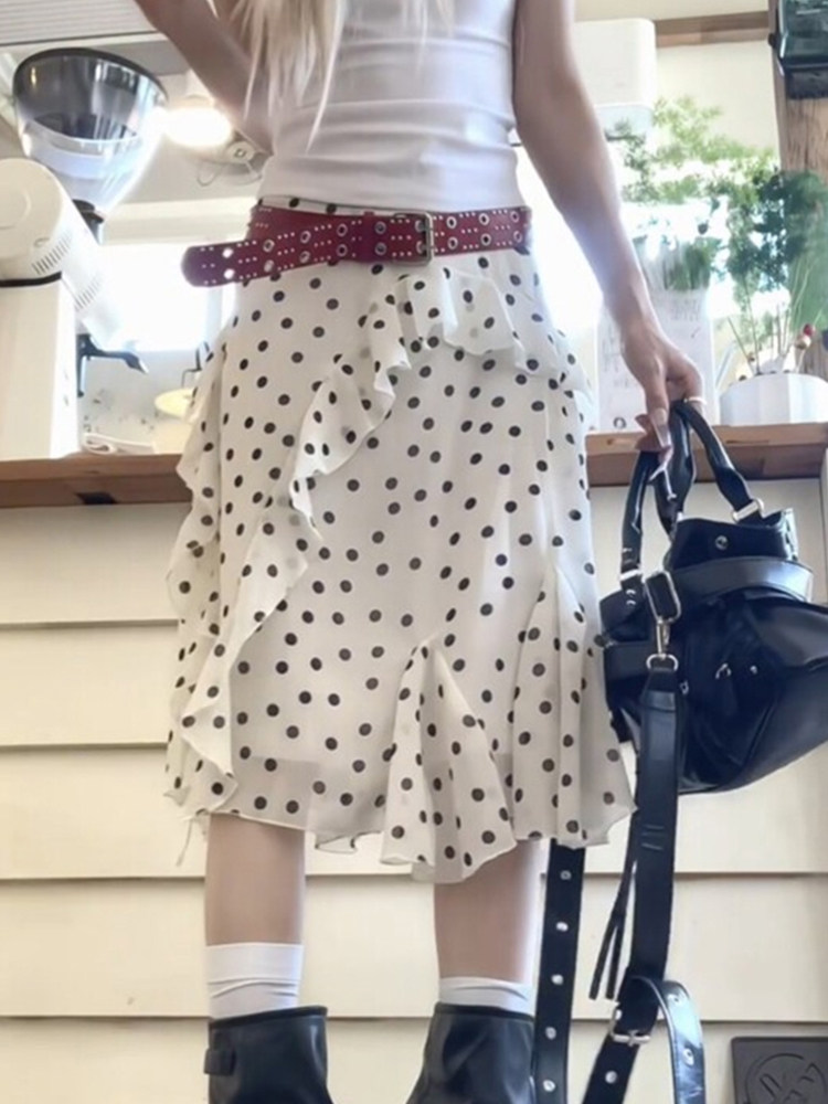 White Polka Dot Ruffle Asymmetrical Midi A-Line Skirt for Women Vintage Plus Size Design