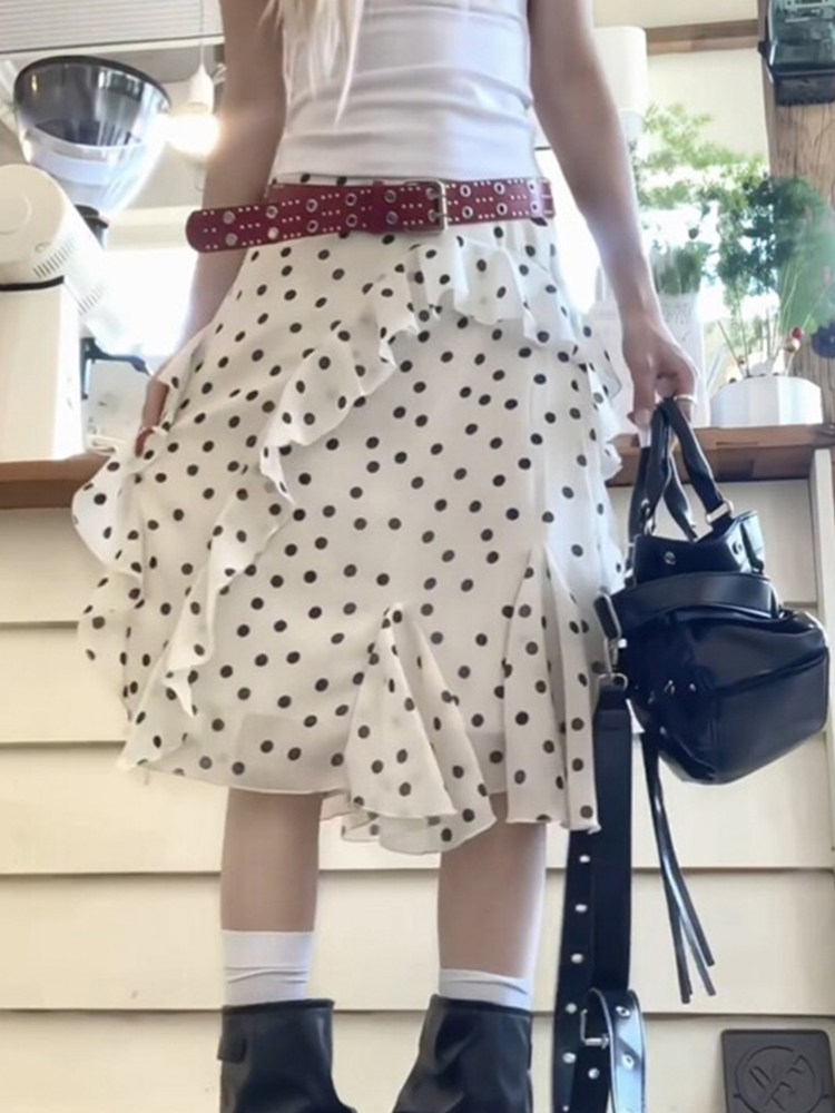 White Polka Dot Ruffle Asymmetrical Midi A-Line Skirt for Women Vintage Plus Size Design