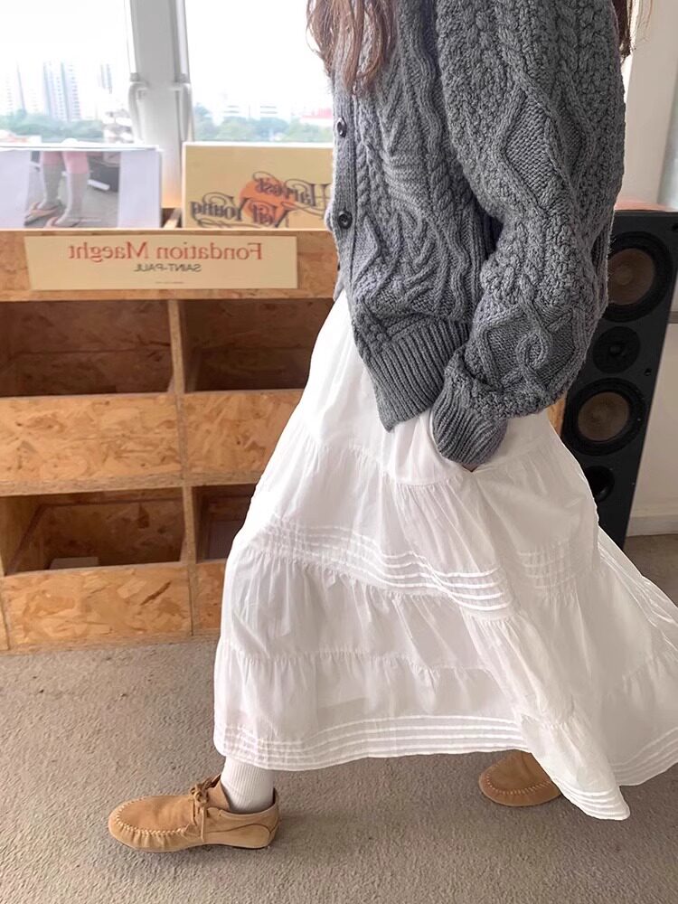 White High Waist A-Line Midi Skirt for Women French Style