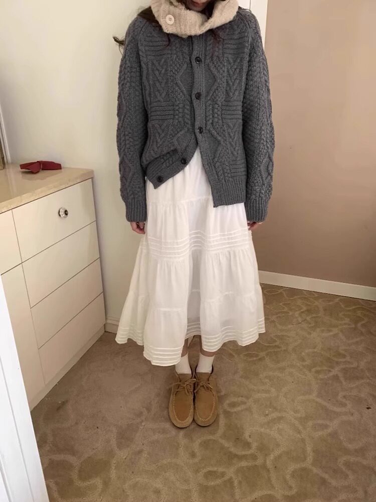 White High Waist A-Line Midi Skirt for Women French Style