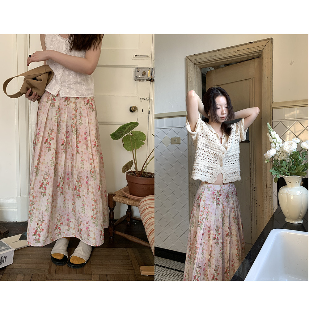 French Vintage Floral Midi Skirt 2026 Spring Print Pleated A-Line Women