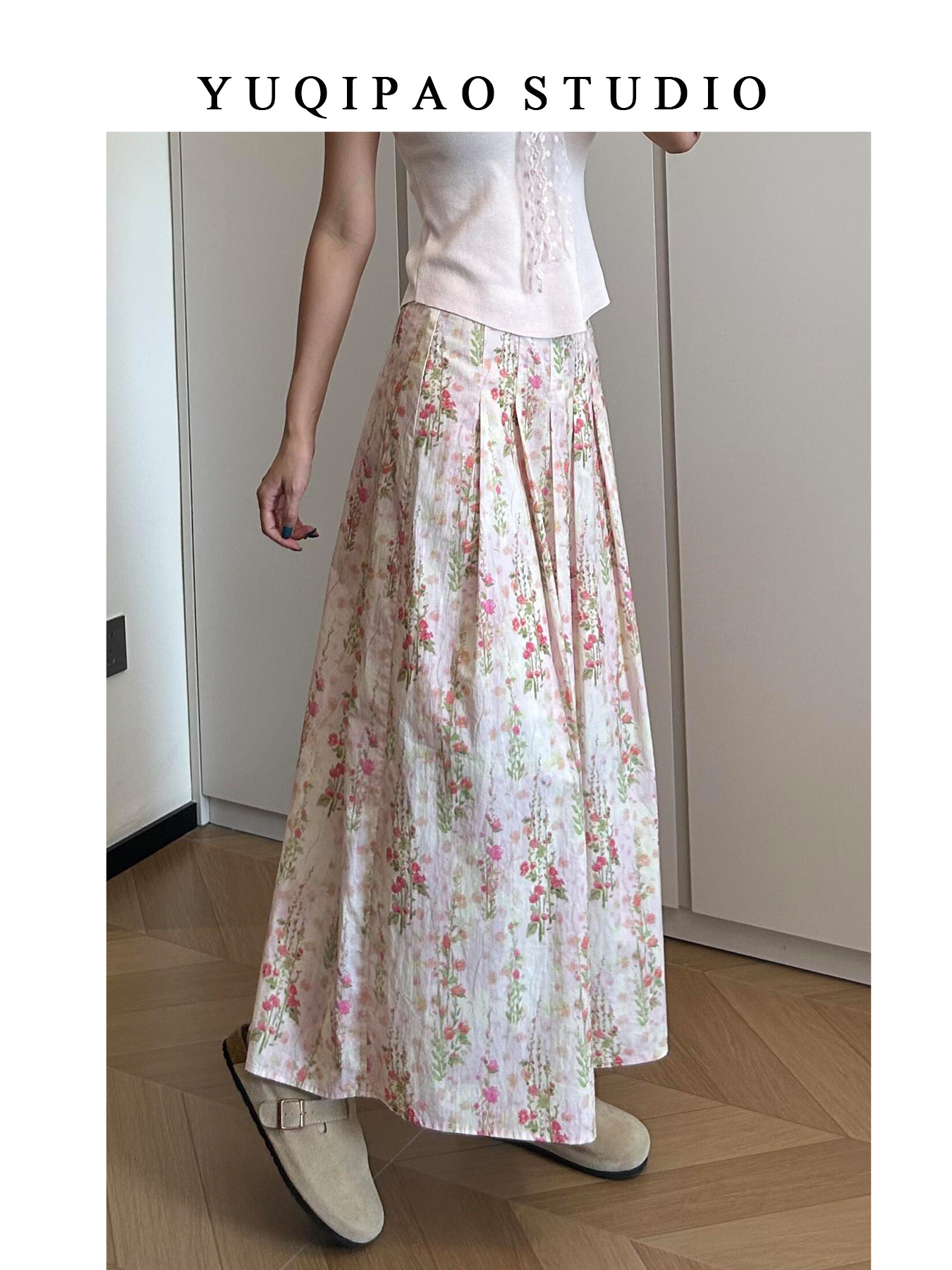 Women’s Floral A-Line Midi Skirt Summer Plus Size Pleated Umbrella Skirt
