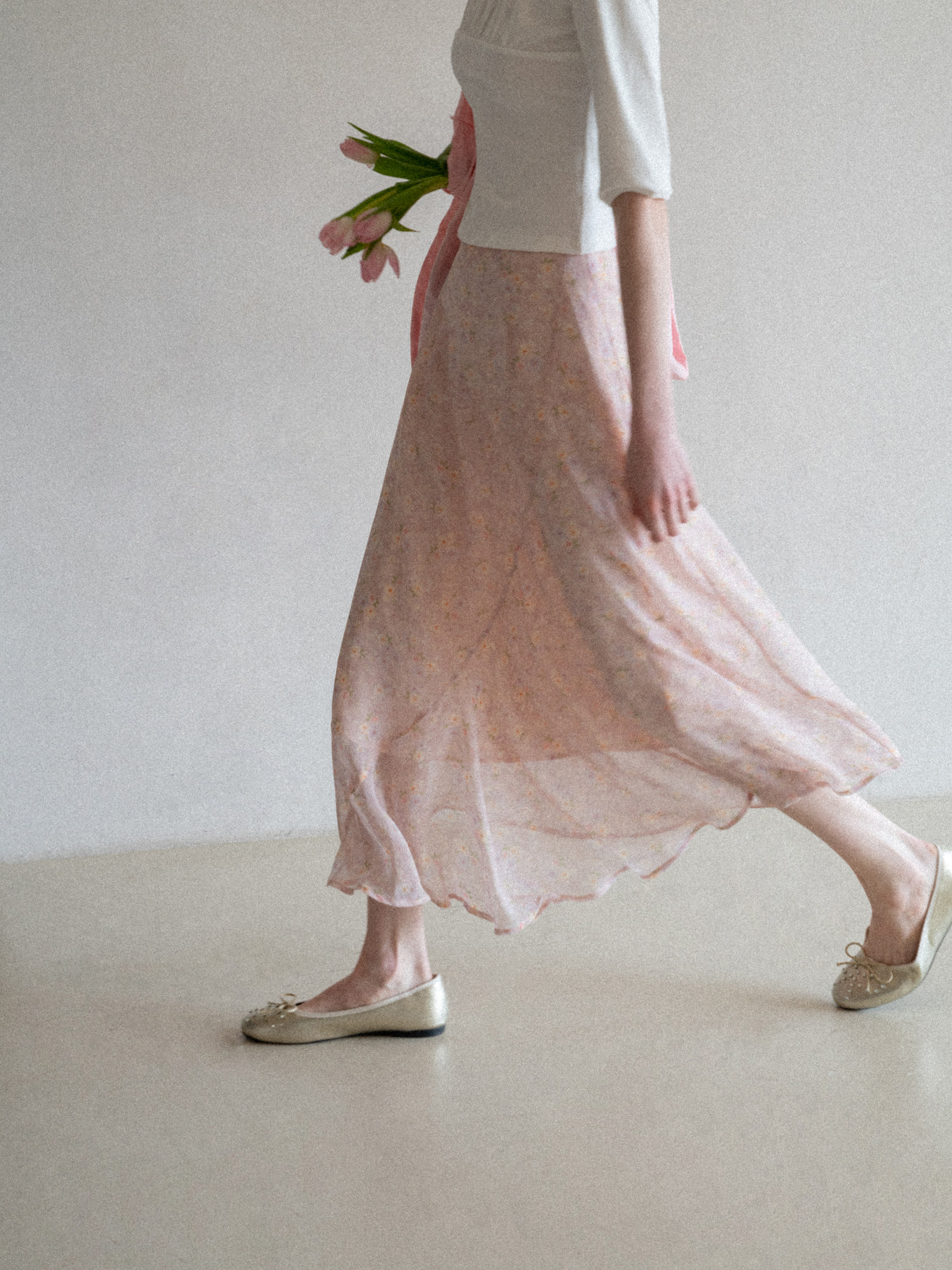 Pink Floral High Waist A-Line Midi Skirt for Women