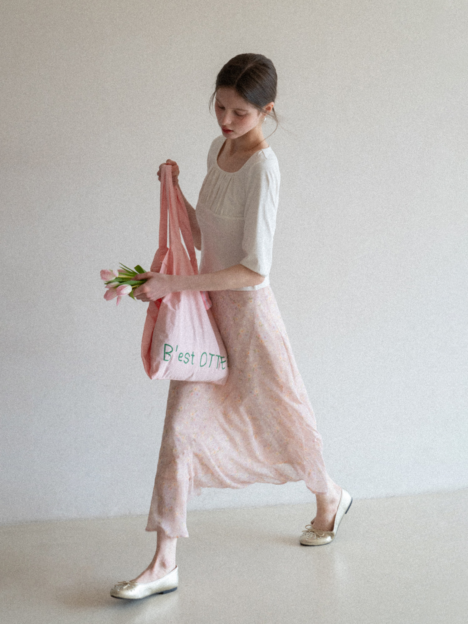 Pink Floral High Waist A-Line Midi Skirt for Women