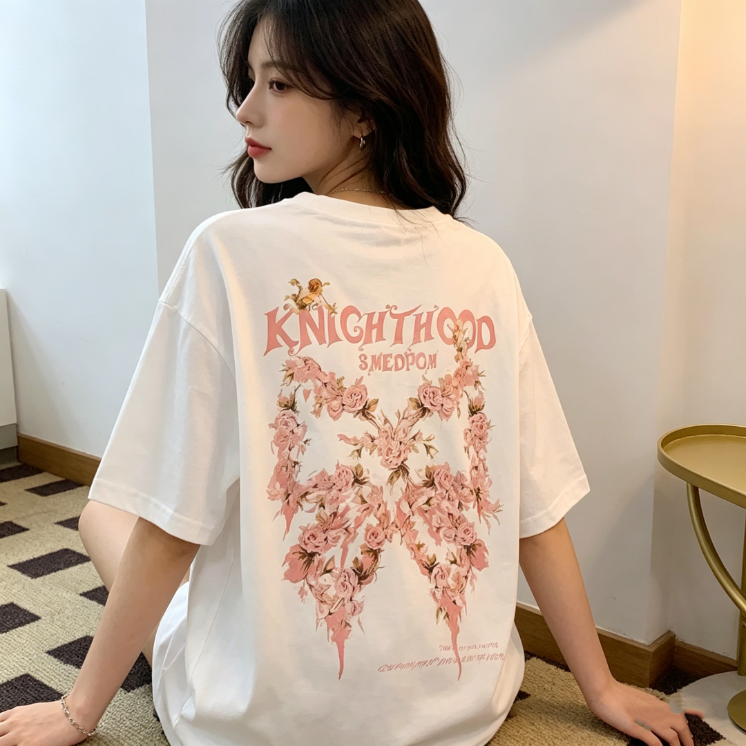 100% Cotton 200g Summer Short Sleeve T-Shirt Women Loose Fit Butterfly Print 2026 New