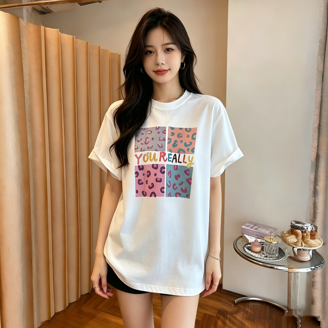 Leopard Print Cotton Short Sleeve T-Shirt for Women 2026 Summer Loose Plus Size