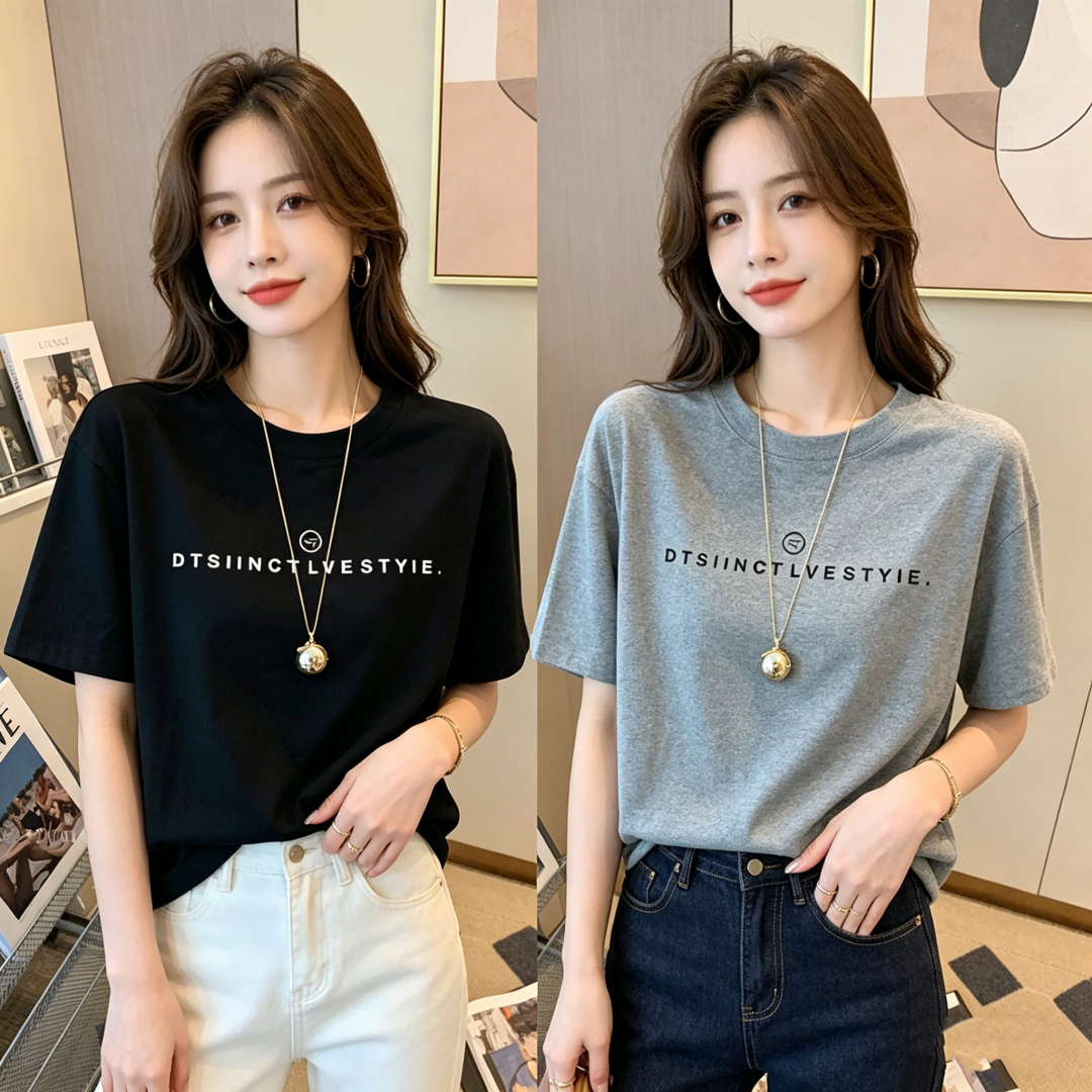 2026 New Women’s Cotton Brushed Short Sleeve T-Shirt Casual Loose Letter Print White Top Summer