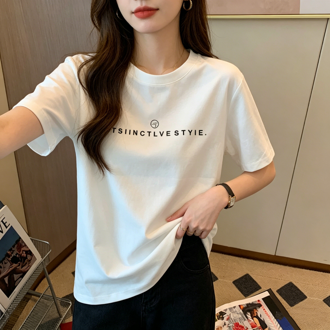 2026 New Women’s Cotton Brushed Short Sleeve T-Shirt Casual Loose Letter Print White Top Summer