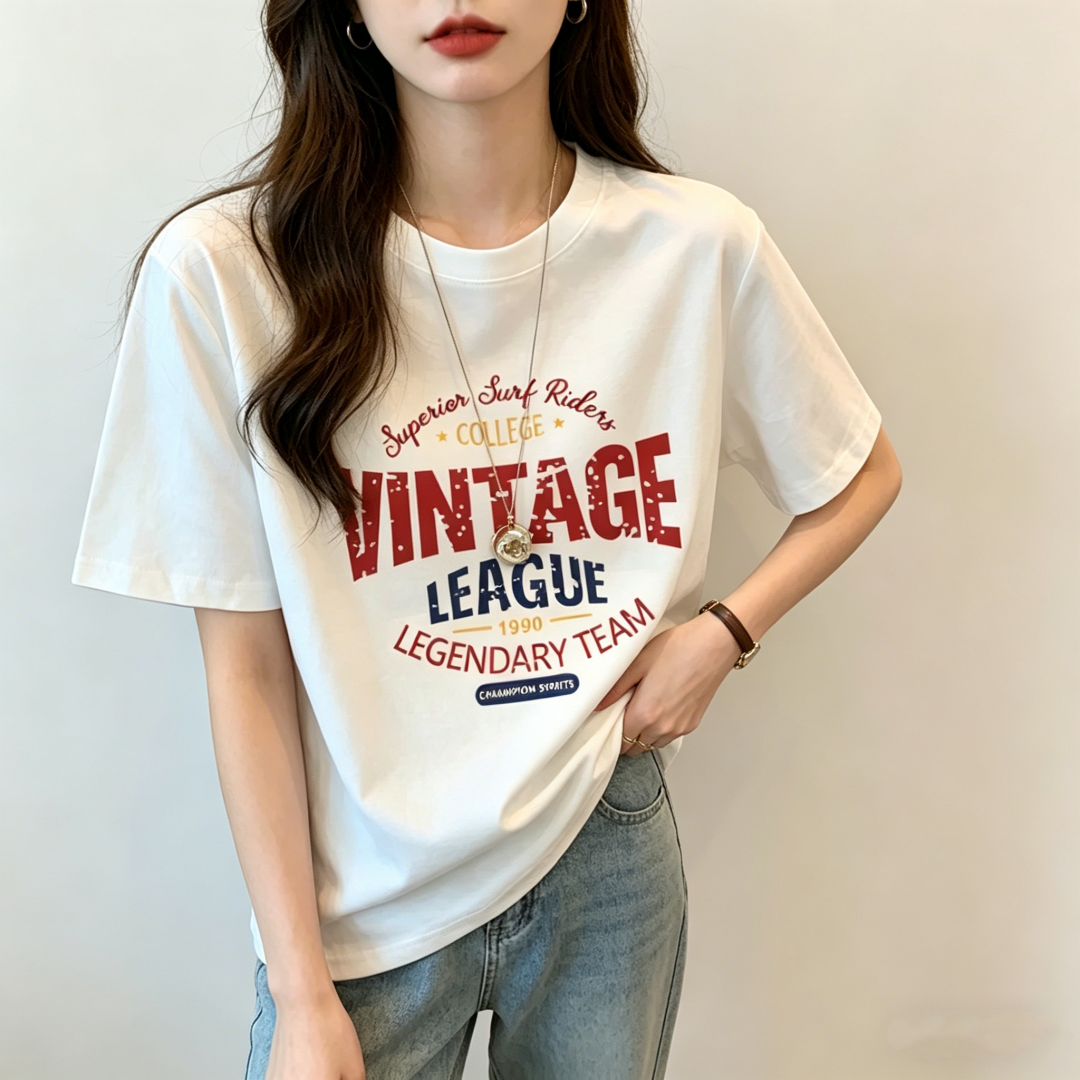 2026 Summer 21-Count Pure Cotton 210g 100% Cotton Short Sleeve T-Shirt Women Loose Plus Size Letter Print