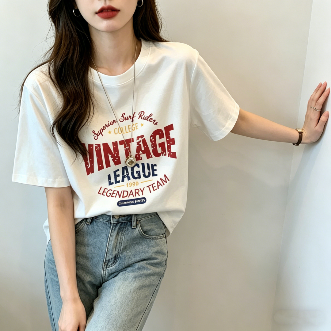 2026 Summer 21-Count Pure Cotton 210g 100% Cotton Short Sleeve T-Shirt Women Loose Plus Size Letter Print