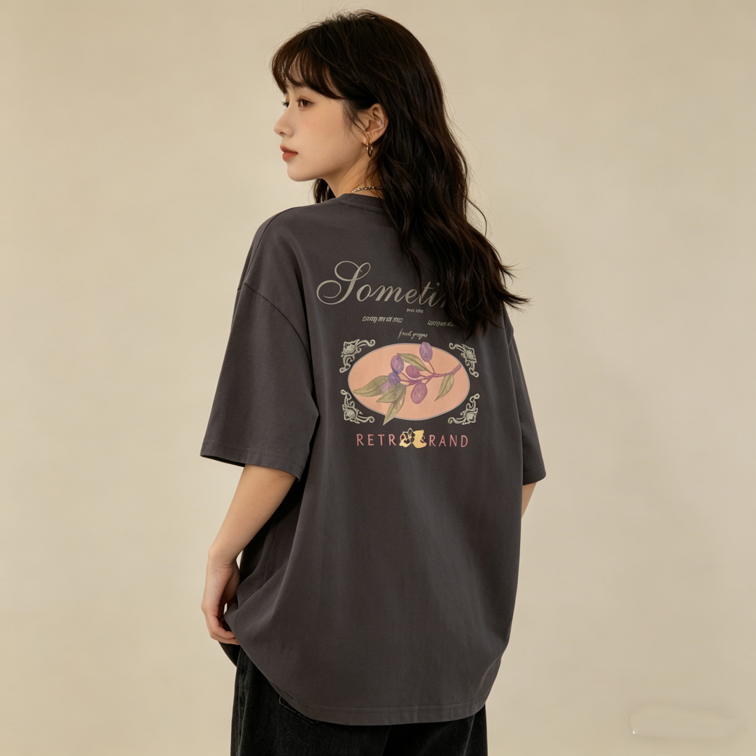 Women’s Combed Cotton Crewneck Short Sleeve T-Shirt with American Retro Letter Print