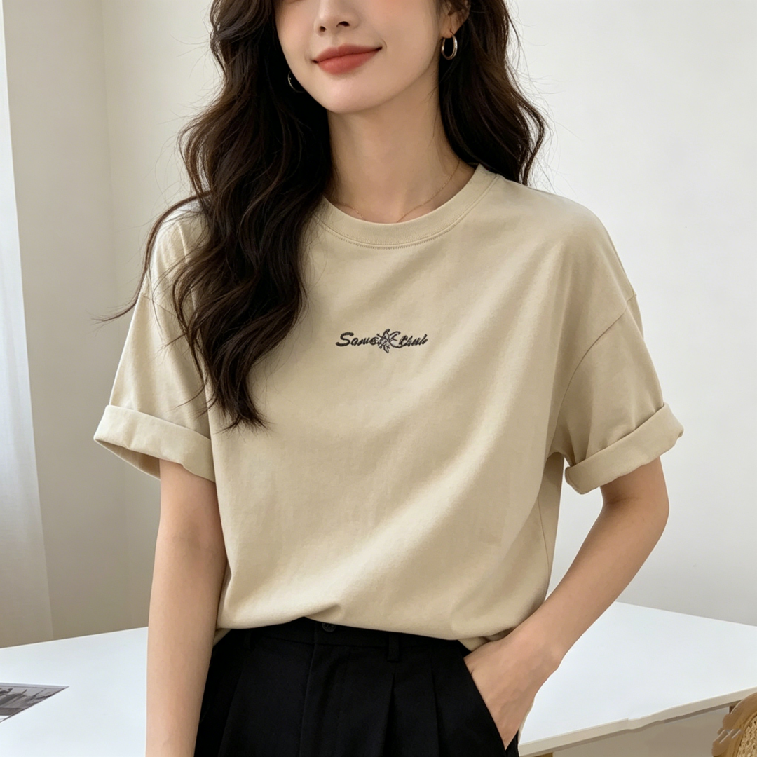 Women's Combed Cotton Crewneck Short Sleeve T-Shirt with American Retro Letter Print - Image 3