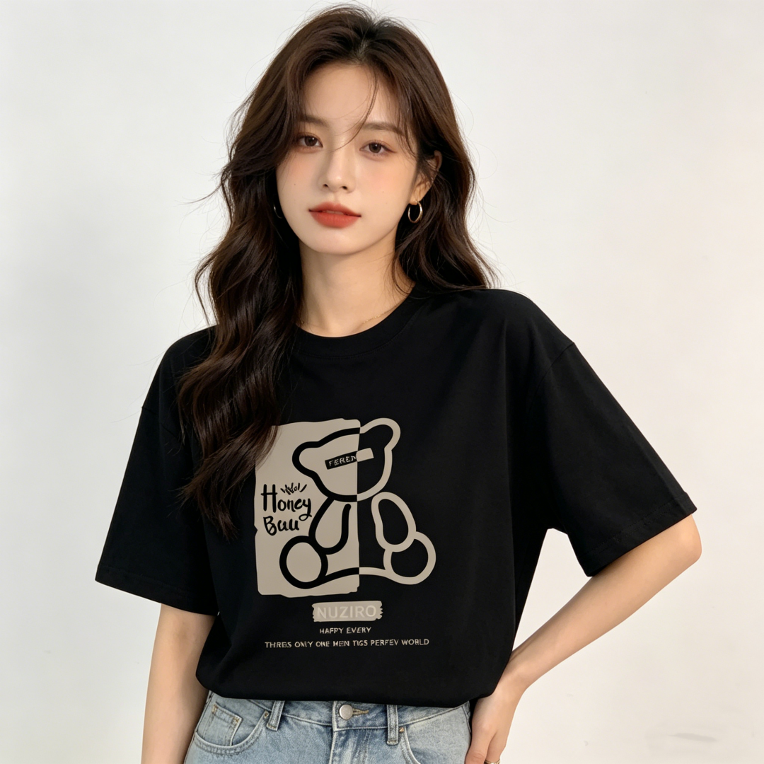 2026 Summer New 100% Combed Cotton Bear Print Short Sleeve T-Shirt Women Loose Korean Style - Image 4