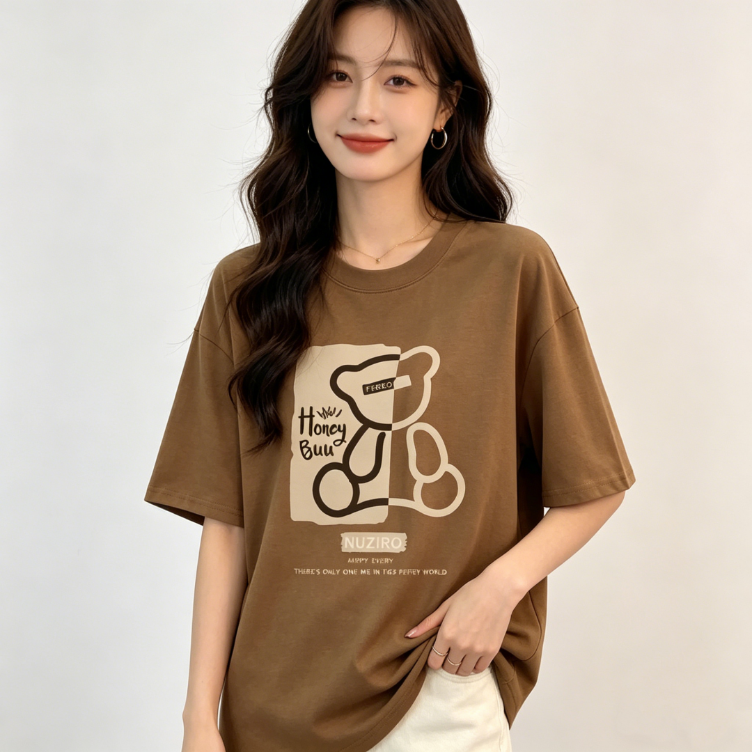 2026 Summer New 100% Combed Cotton Bear Print Short Sleeve T-Shirt Women Loose Korean Style