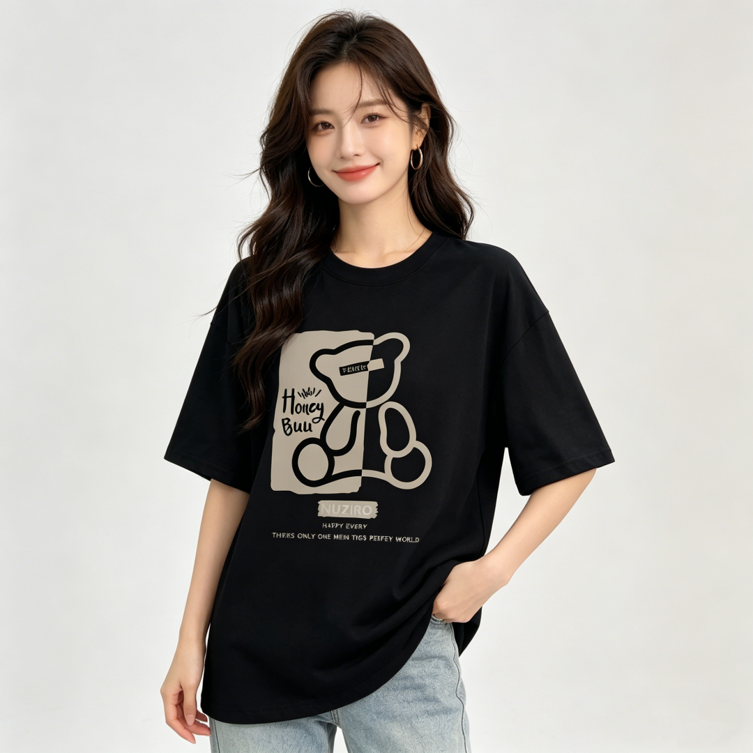 2026 Summer New 100% Combed Cotton Bear Print Short Sleeve T-Shirt Women Loose Korean Style - Image 5