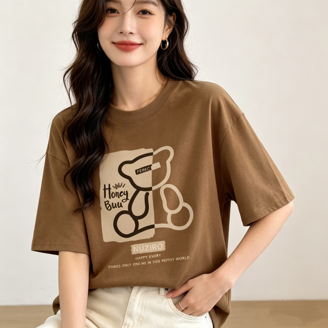 2026 Summer New 100% Combed Cotton Bear Print Short Sleeve T-Shirt Women Loose Korean Style