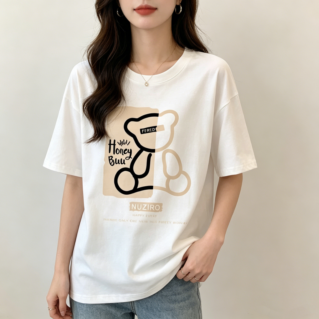 2026 Summer New 100% Combed Cotton Bear Print Short Sleeve T-Shirt Women Loose Korean Style - Image 3