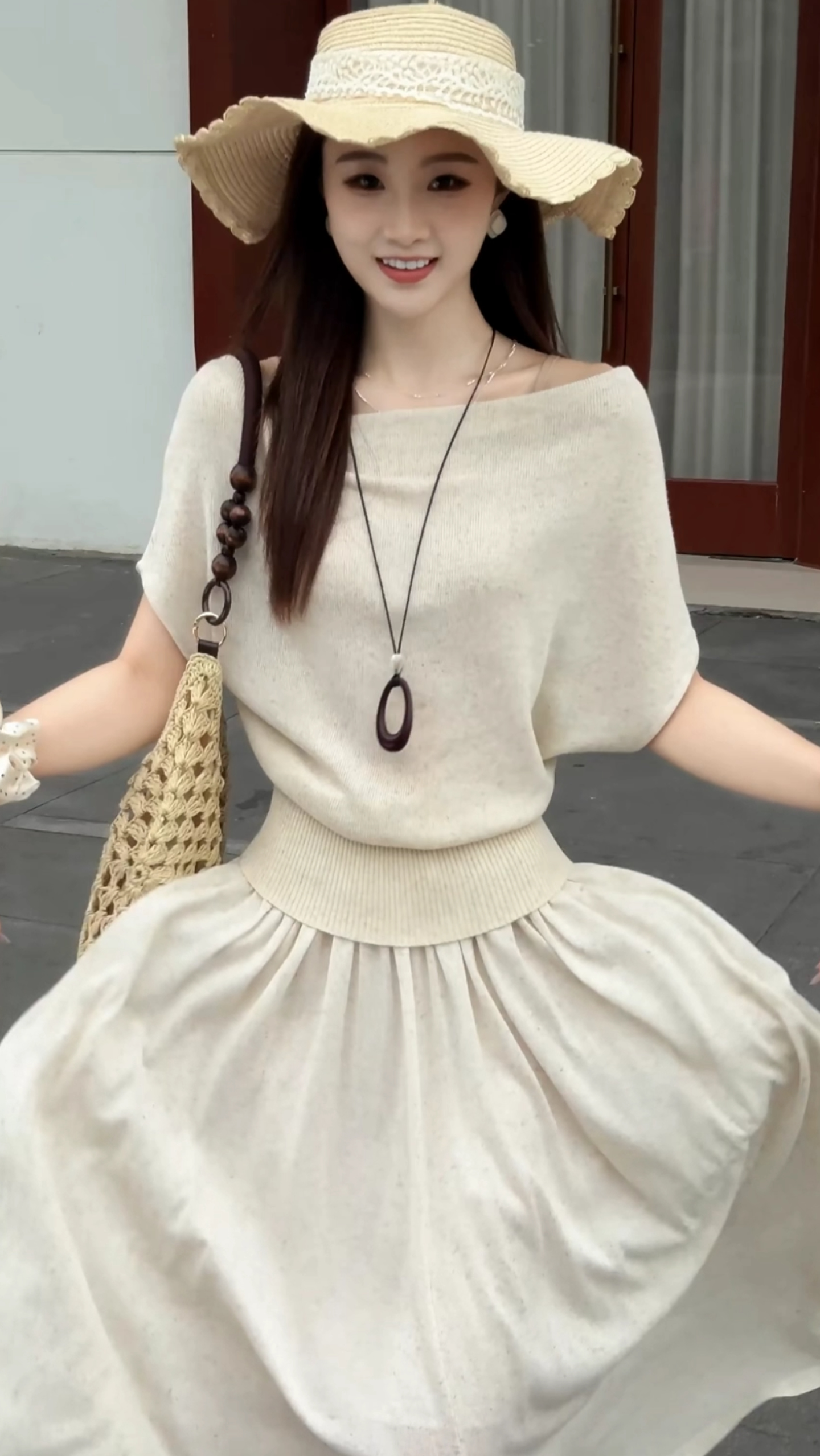 Korean Draped Neck Solid Knit Short Sleeve T-Shirt and Flowing Skirt Set for Women