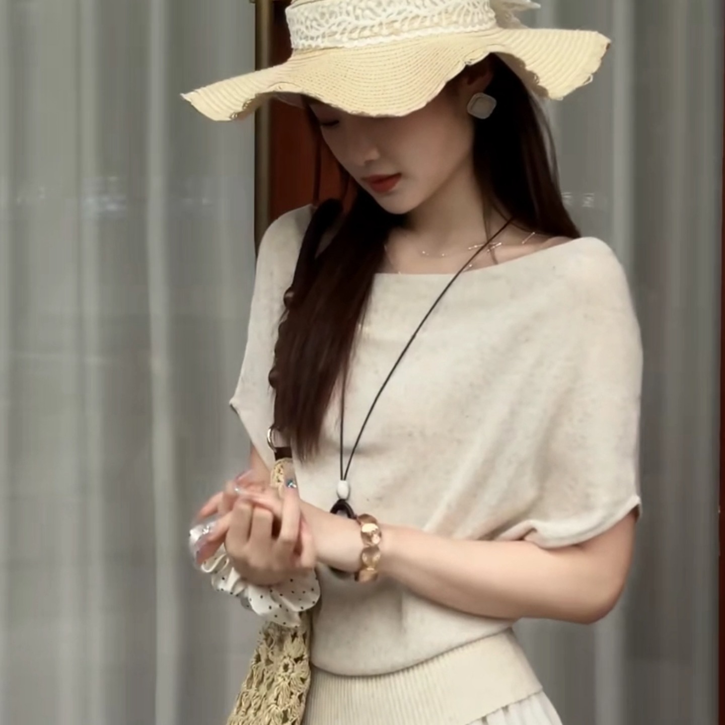 Korean Draped Neck Solid Knit Short Sleeve T-Shirt and Flowing Skirt Set for Women - Image 5