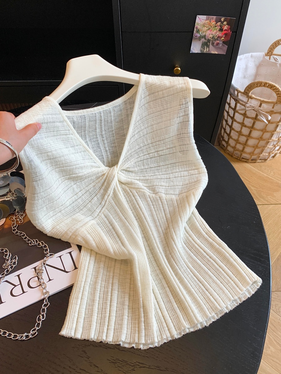 French Style V-Neck Twist Knit Tank Top – Women’s Sleeveless Summer Vest