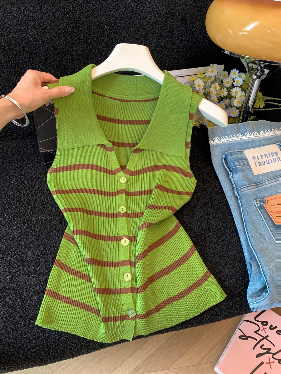 Korean Style Polo Collar Sleeveless Knit Vest for Women 2026 Summer Single-Breasted Cardigan Top