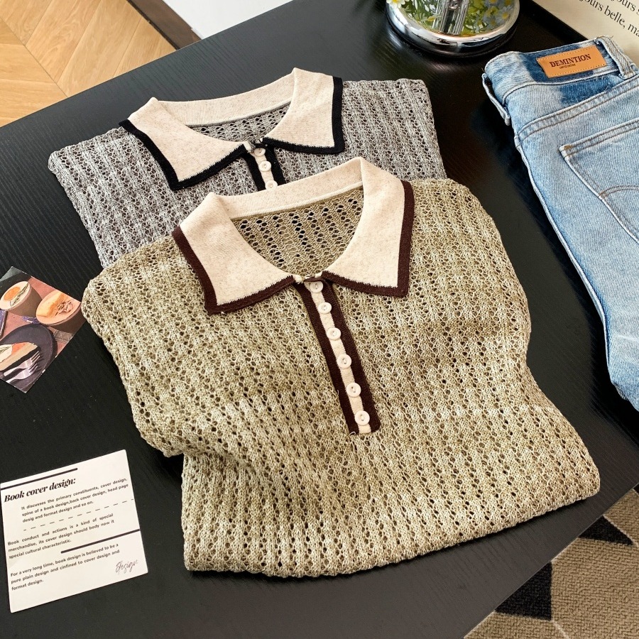 2026 Summer Color Block Polo Neck Knit Top Women Short Sleeve Slimming Versatile Commute Wear - Image 5