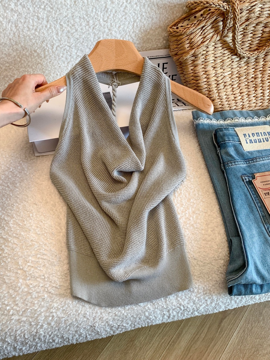 Women’s Draped Halter Neck Knit Top Summer Design Sleeveless Vest
