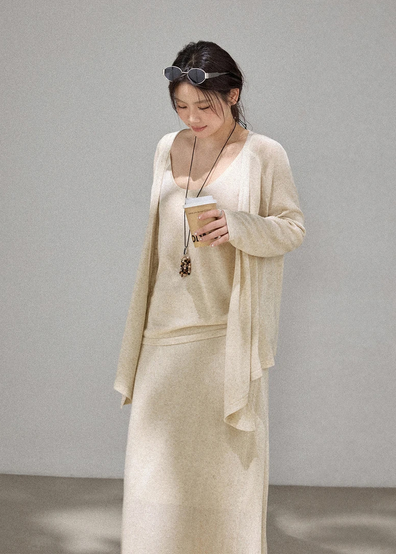 Women’s Knit Cardigan and Cami Long Dress Set Apricot Three-Piece