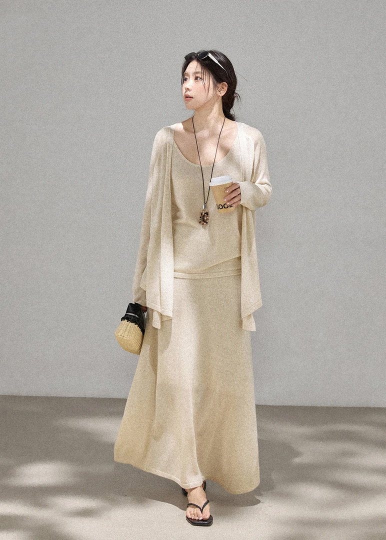 Women’s Knit Cardigan and Cami Long Dress Set Apricot Three-Piece